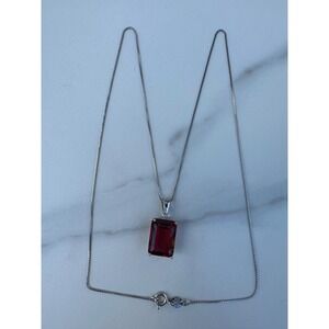 Red Pendant Box Chain‎ Necklace Italy 925 Sterling Silver Emerald Cut
